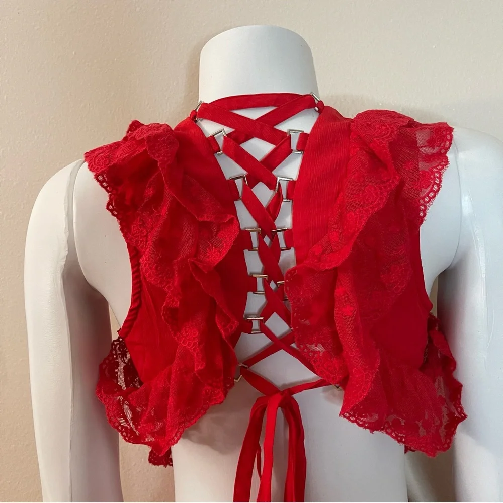 Red V-neckline lace ruffle crisscross back cutout dress - Picture 7 of 13